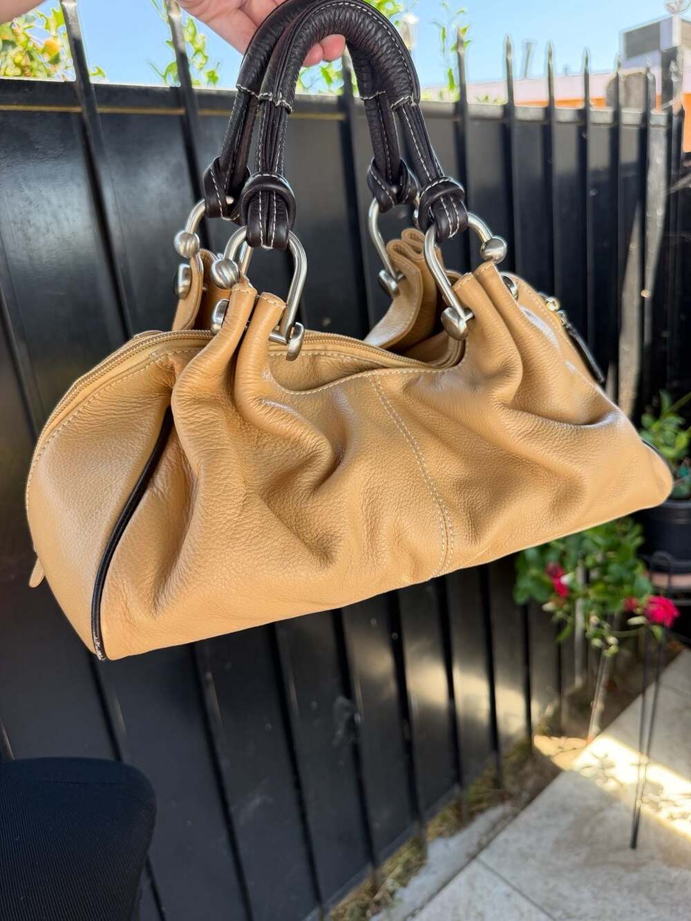 Celsius Tan Leather Shoulder Bag with Black Handles